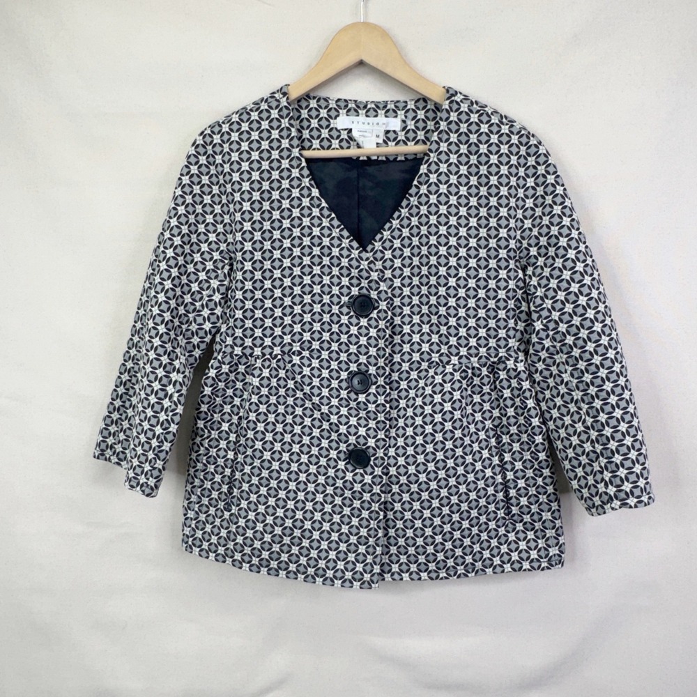Studio M Geometric Print Jacket Size M Grey Black Retro Mod Career Blazer